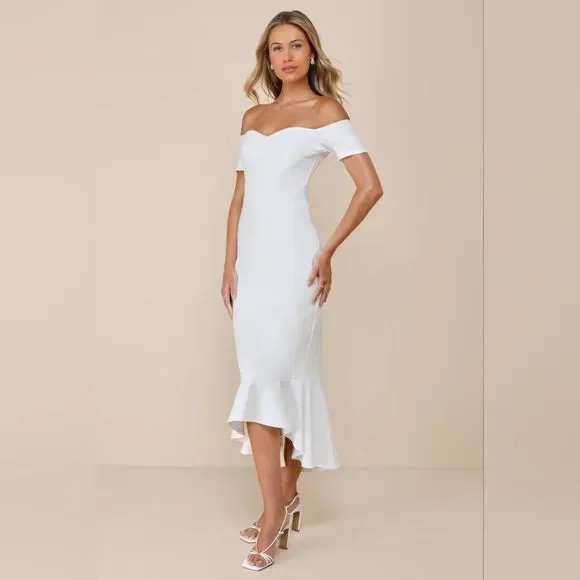 NWT Lulus How Much I Care Ivory Off-the-Shoulder Midi Dress - Picture 3 of 11